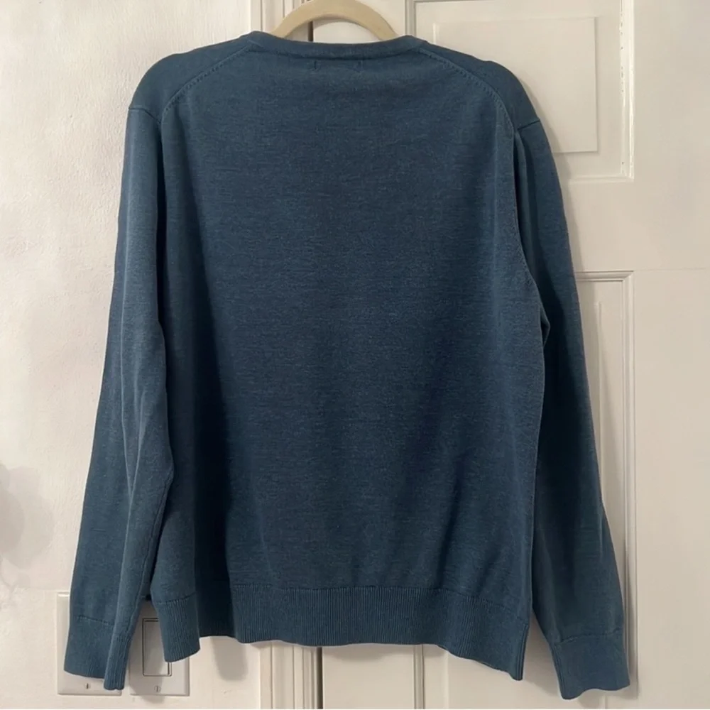 Lands' End Cotton V Neck Sweater Blue XL